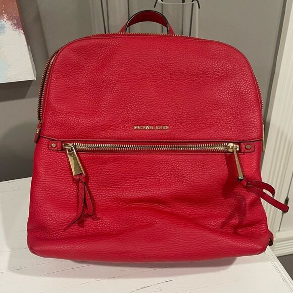 Authentic Michael Kors Rhea Medium Backpack Purse Red - Picture 1 of 11